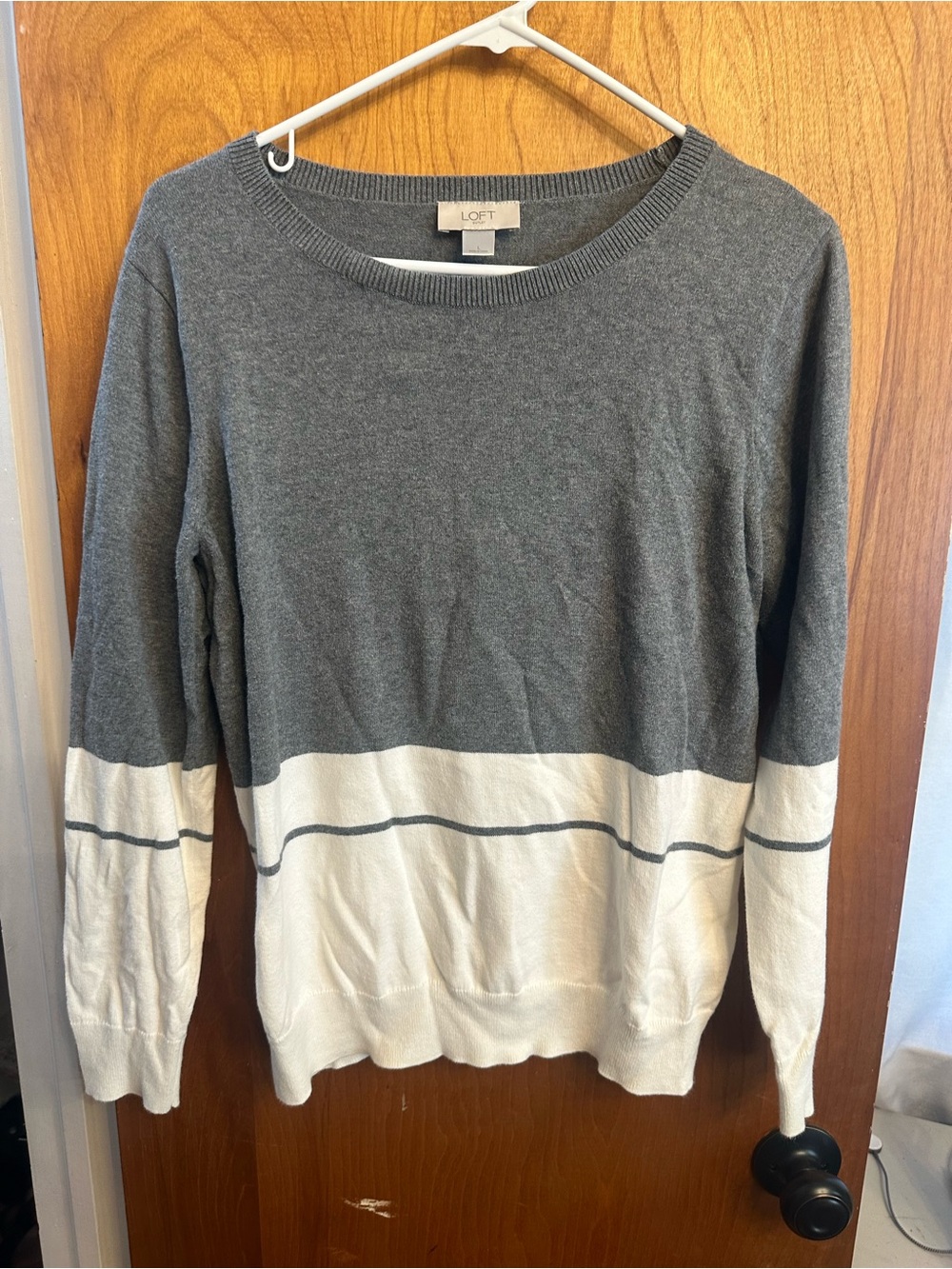 LOFT Gray and Cream Colorblock Crewneck Sweater with Stripe Detail
